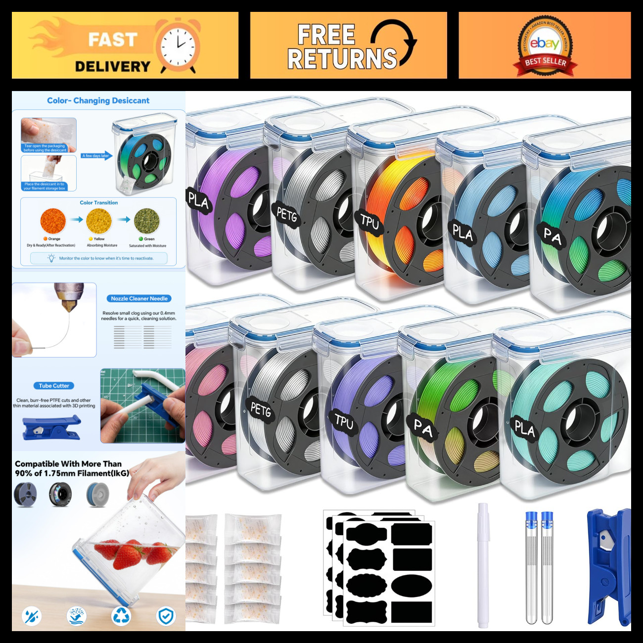 10-Pack Filament Storage Box with Desiccants & Labels, 0.4mm Needles Included