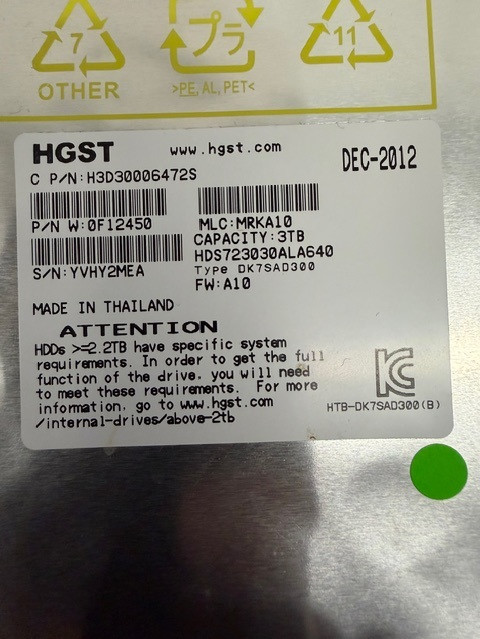 HGST HDS723030ALA640 P/N: 0F12450 MLC: MRKA10 3TB