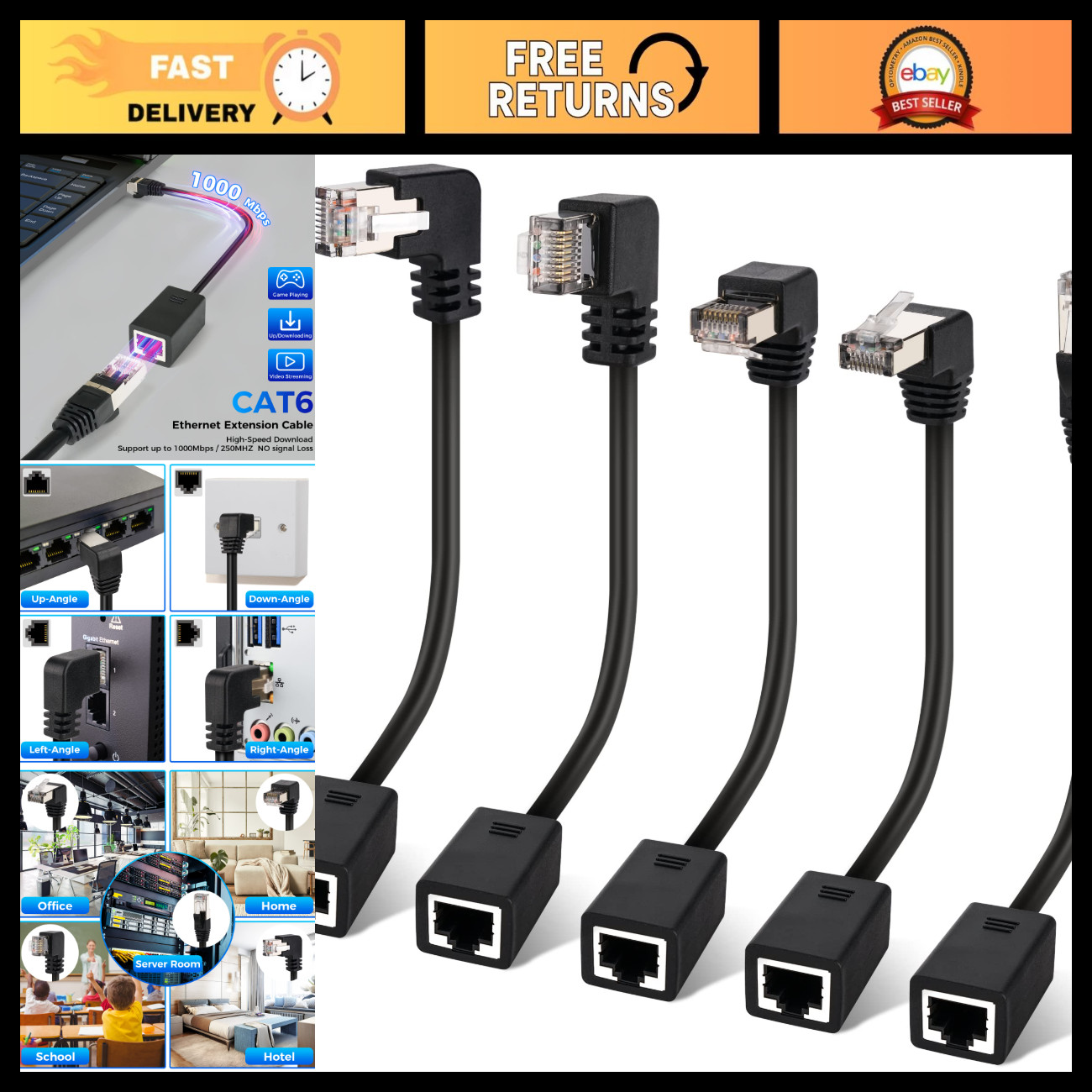 Cat 6 Ethernet Extension Cable 5 Pack, Multiple Angles, RJ45 LAN Patch Cord, FTP