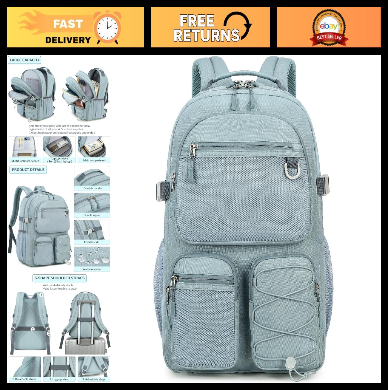 Water Resistant Backpack, Multi-Pocket Daypack for School, Travel & Outdoor, 15.