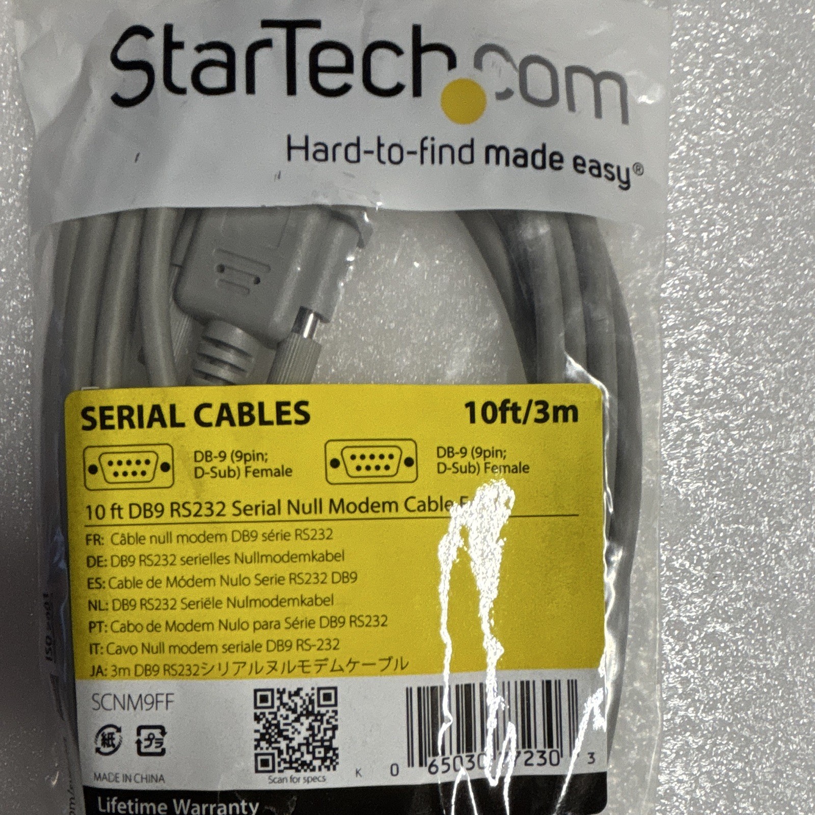 StarTech.com RS232 Null Modem Cable DB9 Female to Female 10ft Gray SCNM9FF