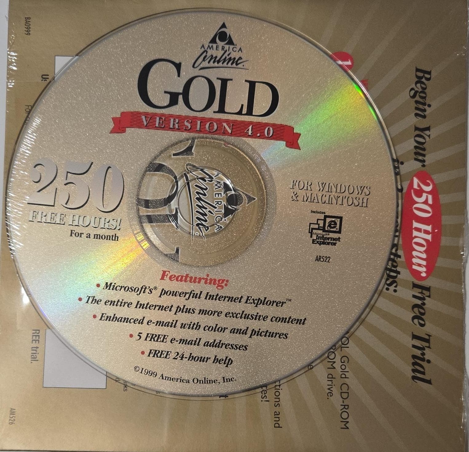 AOL Gold Version 4.0 CD‑ROM Trial Disc 250 Hours Internet New