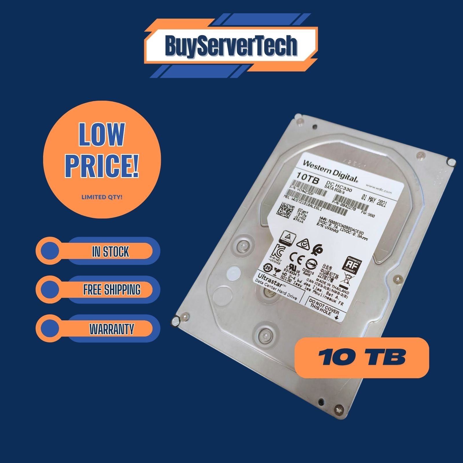 WD Ultrastar DC HC330 WUS721010ALE6L1 10TB 3.5" SATA III 6Gb/s 72k Rpm HDD
