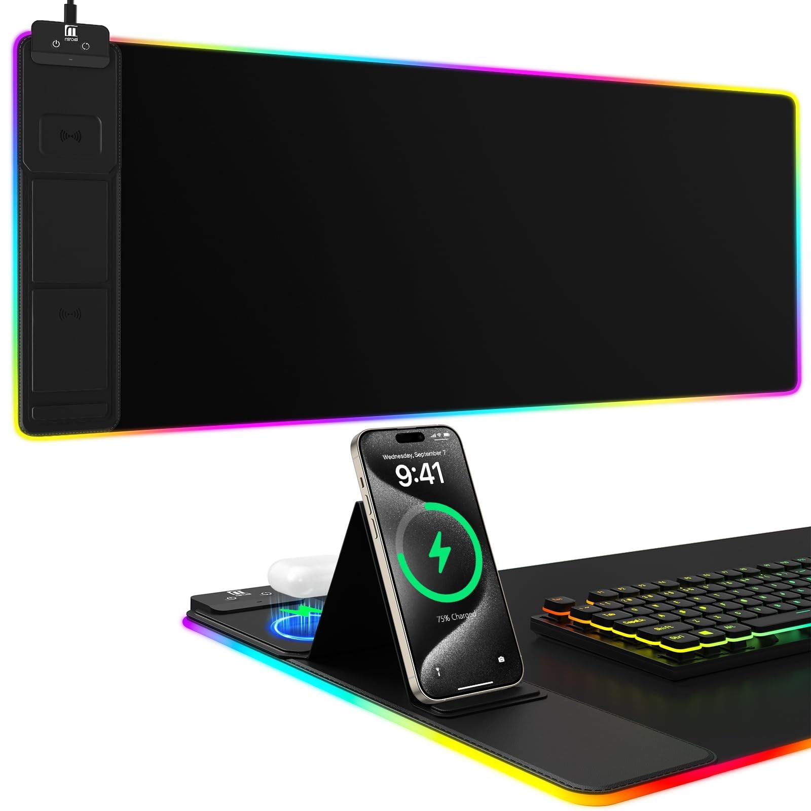 Large RGB Wireless Charging Mouse Pad with Phone Stand - Gaming Desk Mat