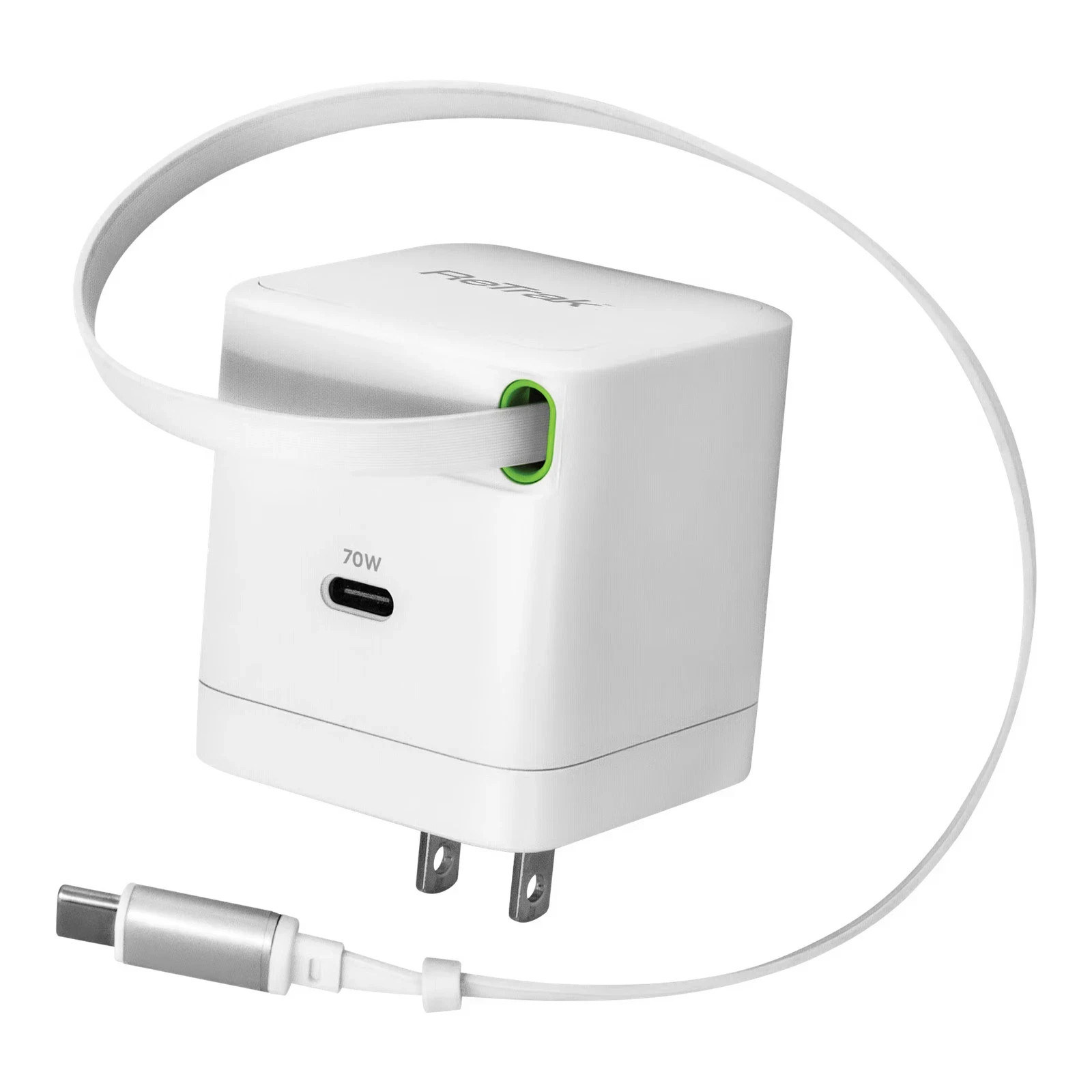 ReTrak - 70W USB-C Wall Charger 2ft Retractable 3 Port Cable Cord - White