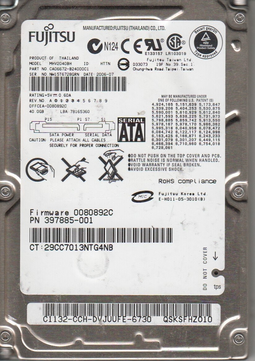 MHV2040BH,  Fujitsu 40GB SATA 2.5 Hard Drive used