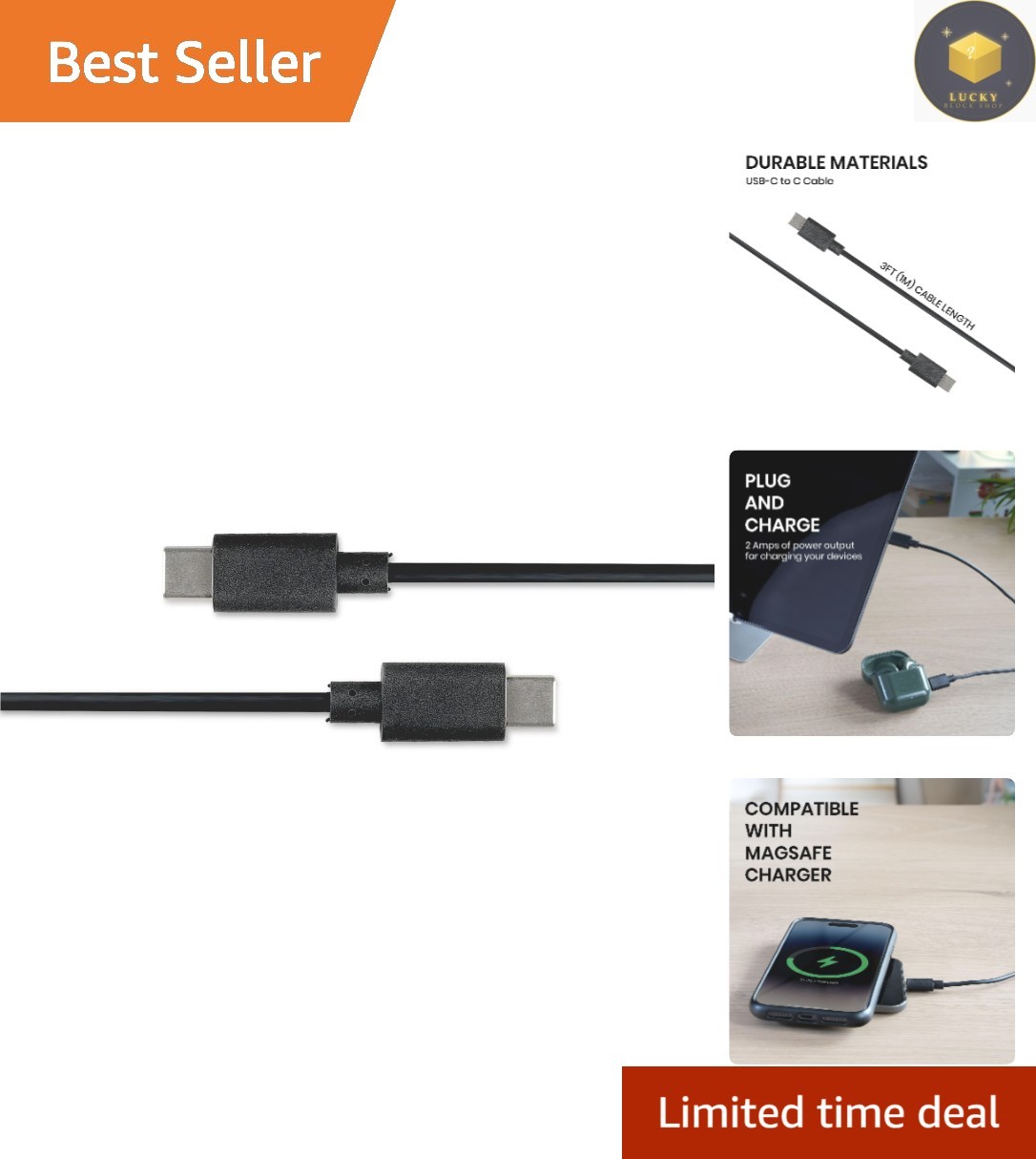 Portable USB-C Male to Male Cable - 3FT for Efficient Charging & Data Transfer