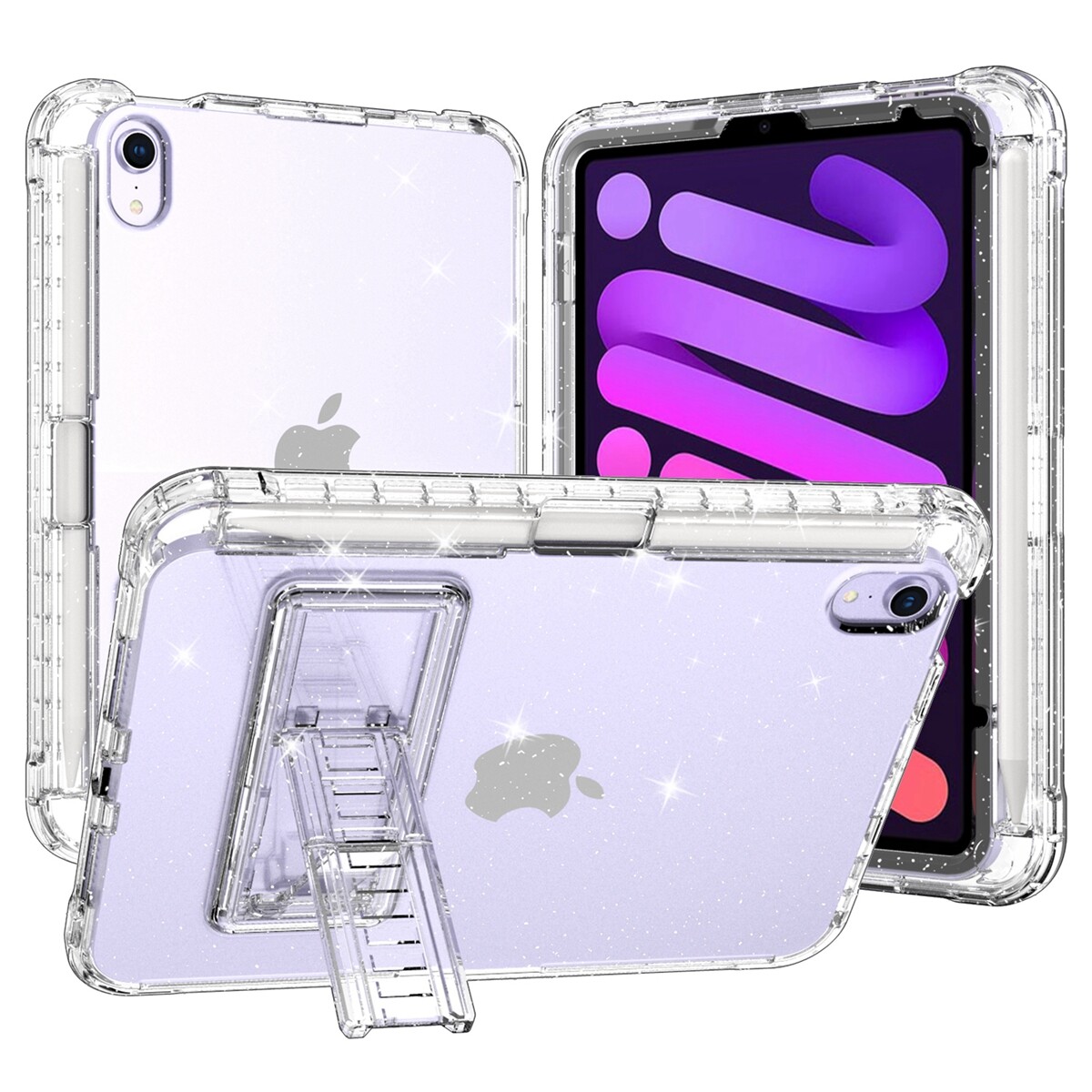 For New iPad mini 8.3" 2024 Rugged Case Sparkle Glitter Clear Cover with Stand