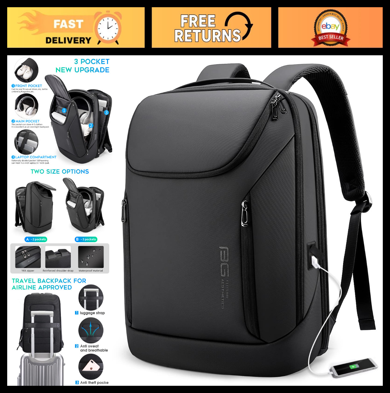 Waterproof Business Smart Backpack for 15.6" Laptop, USB Charging Port, Travel D