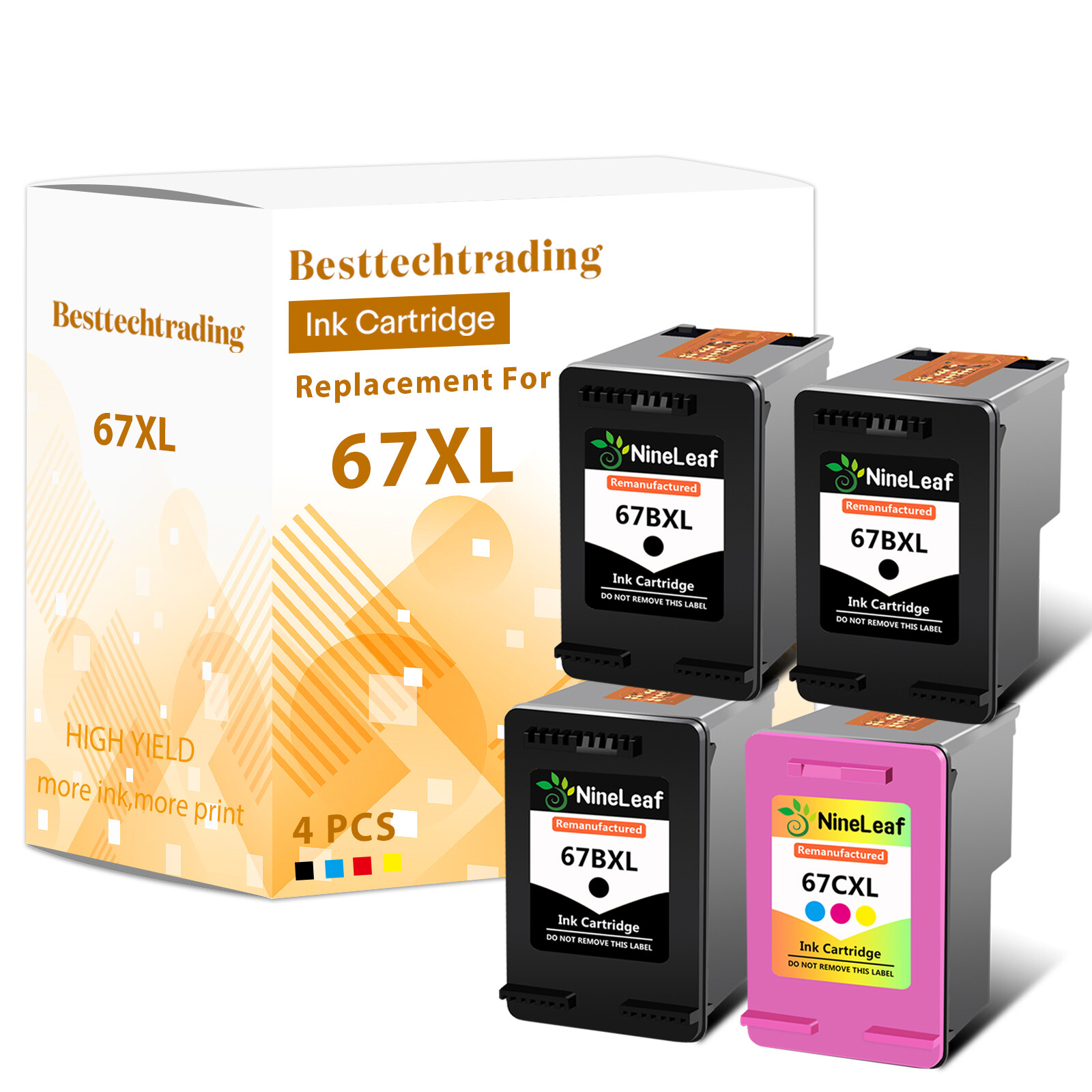 Refilled 67XL Ink Cartridge 4PK Compatible with HP DeskJet Plus 4140 4152 4155 