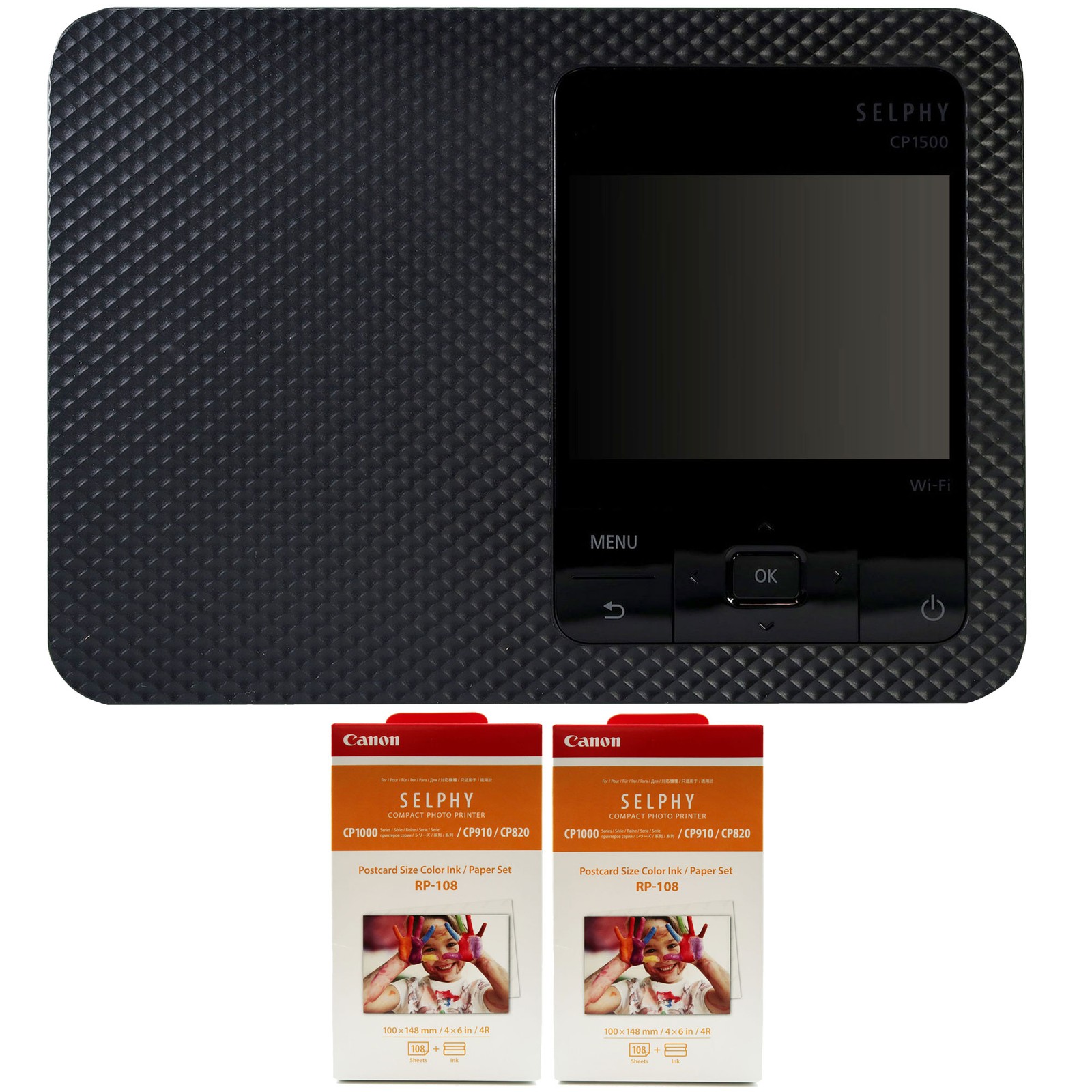 Canon SELPHY CP1500 Compact Photo Printer Black + 2x RP-108 Color Ink Paper Set