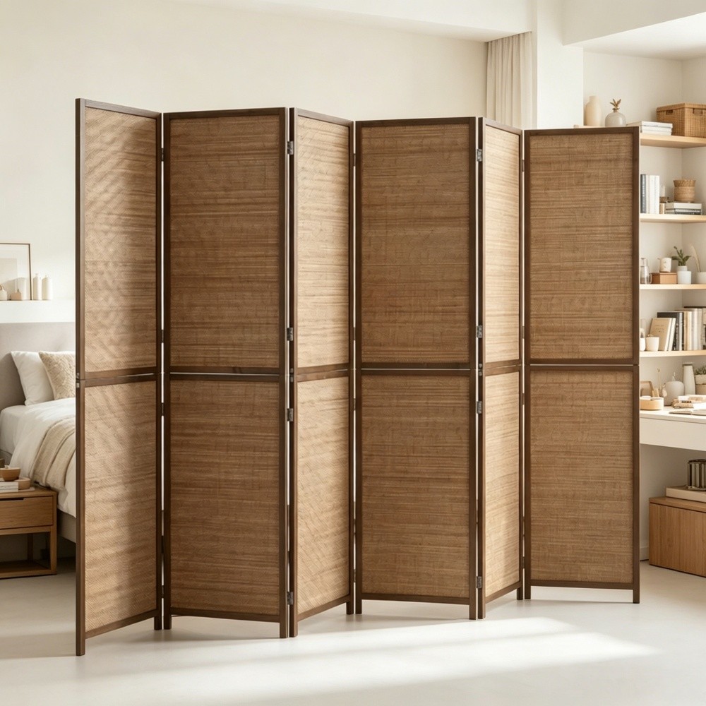 Bamboo & Cotton Privacy Screen, 106.3" L x 70.9" H, 4 Panel Room Divider