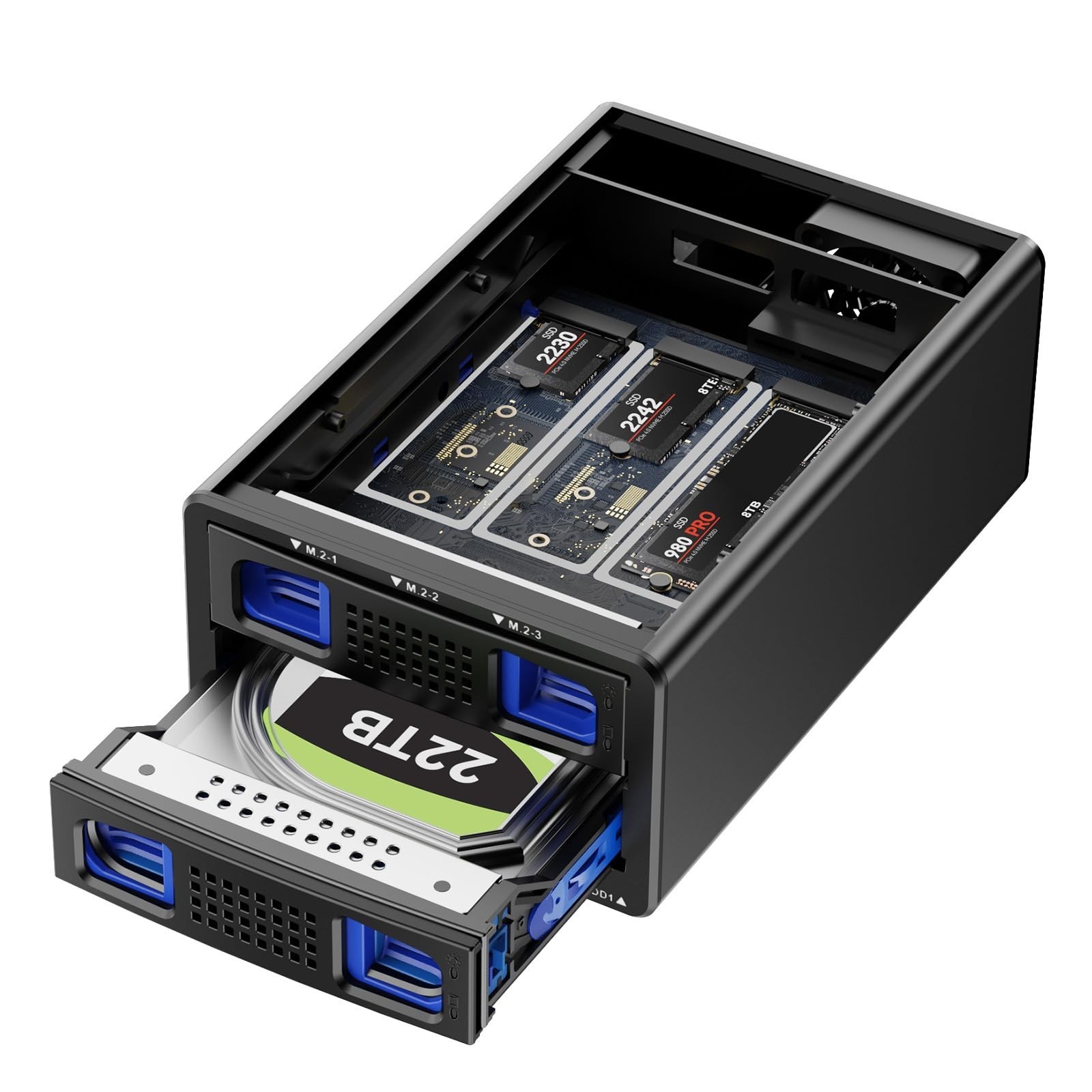 Hybrid 2.5in SATA HDD SSD 3-Slot M.2 NVMe Enclosure USB-C/A 10Gbps Fan