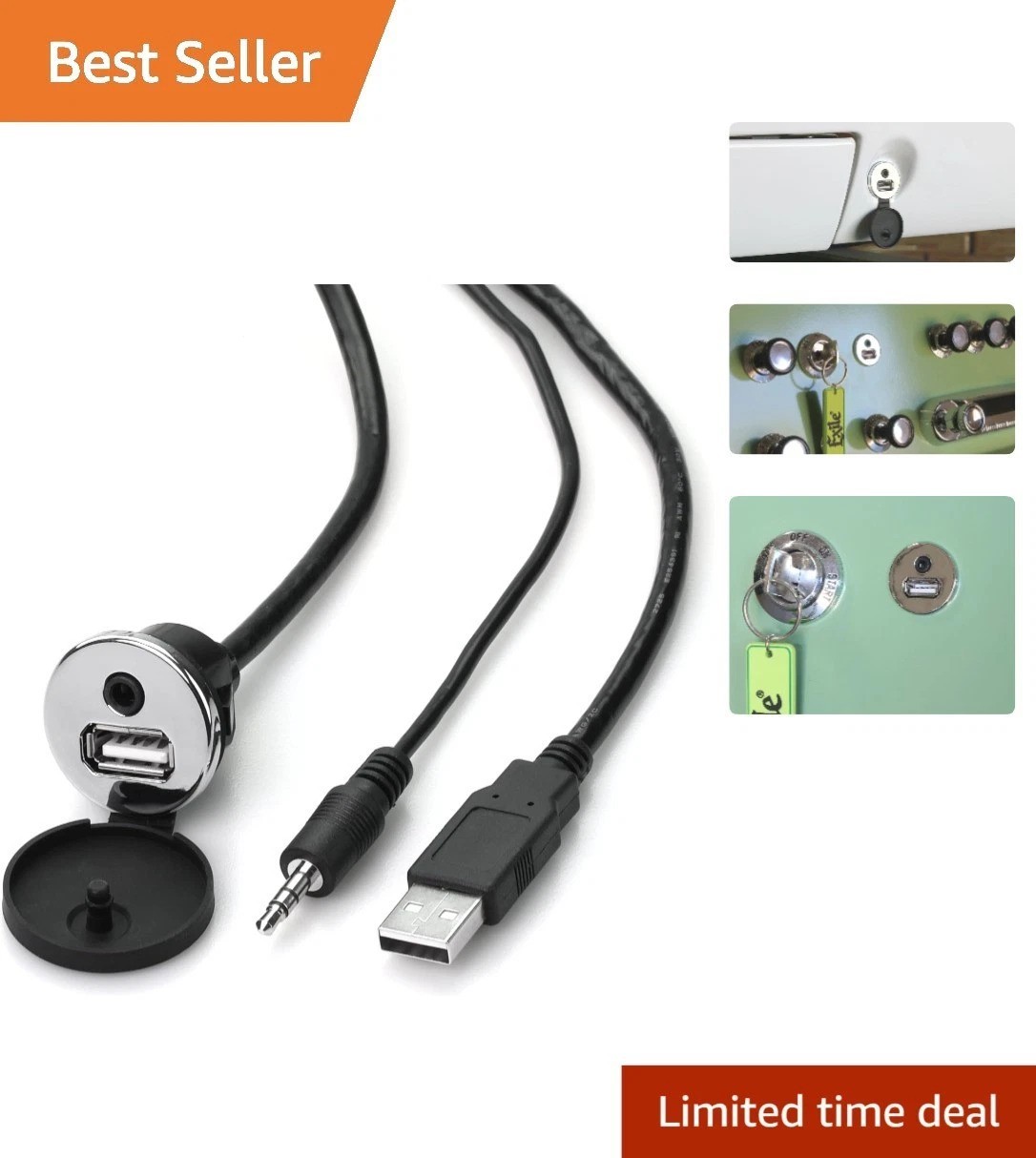 Versatile 56” USB/Auxiliary Cable with Panel-Mount Design – Indoor/Outdoor Use