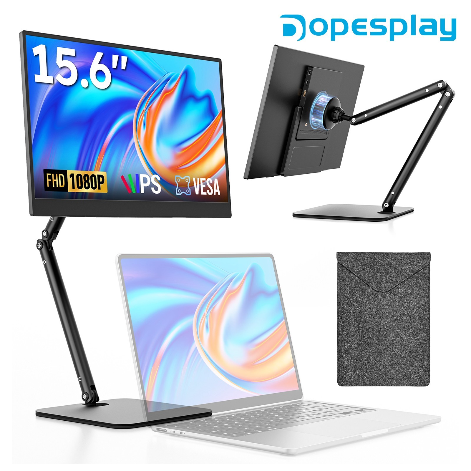 Dopesplay 15.6" Portable Monitor W/ Foldable Magnetic Stand & Bag FHD 1080P IPS
