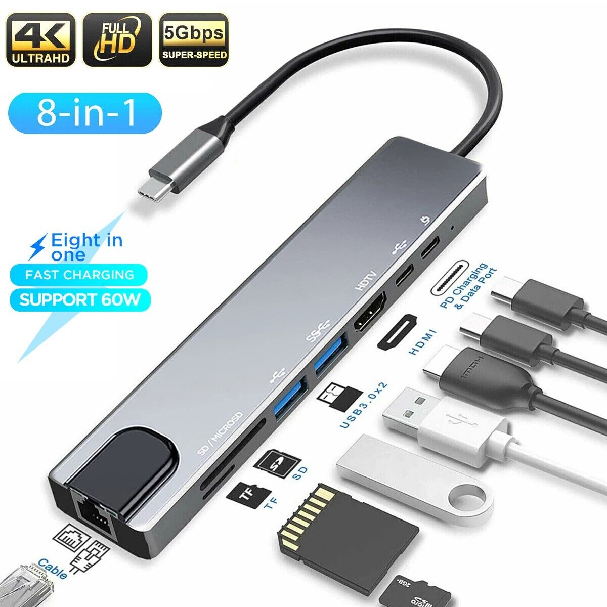 8in1 USB Type C Hub USB3.0 4K HDMI RJ45 SD/TF Dongle Adapter for Macbook Pro Air