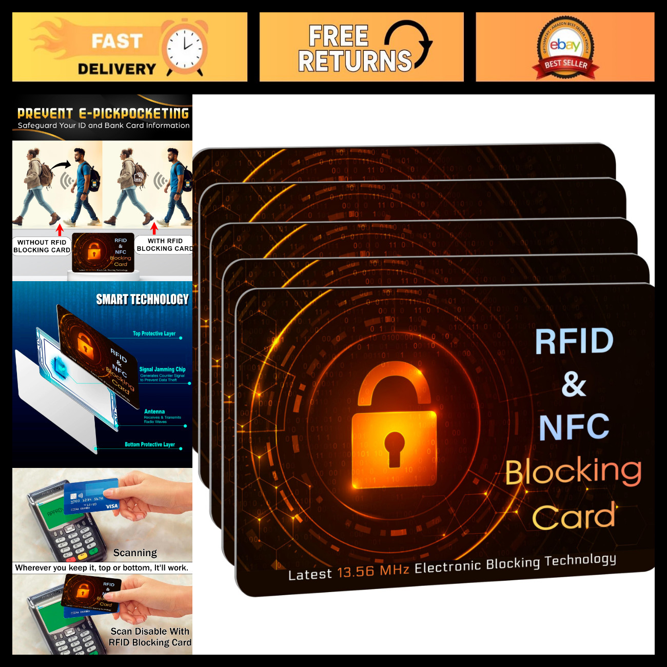 5 Pack RFID Blocking Credit Debit Card Sleeves - Orange & Black Security Protect