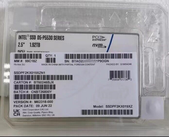 Intel D5 P5530 Series 1.92TB  U.2 NVME PCIe SSDPF2KX019XZN1 Solid State Drive