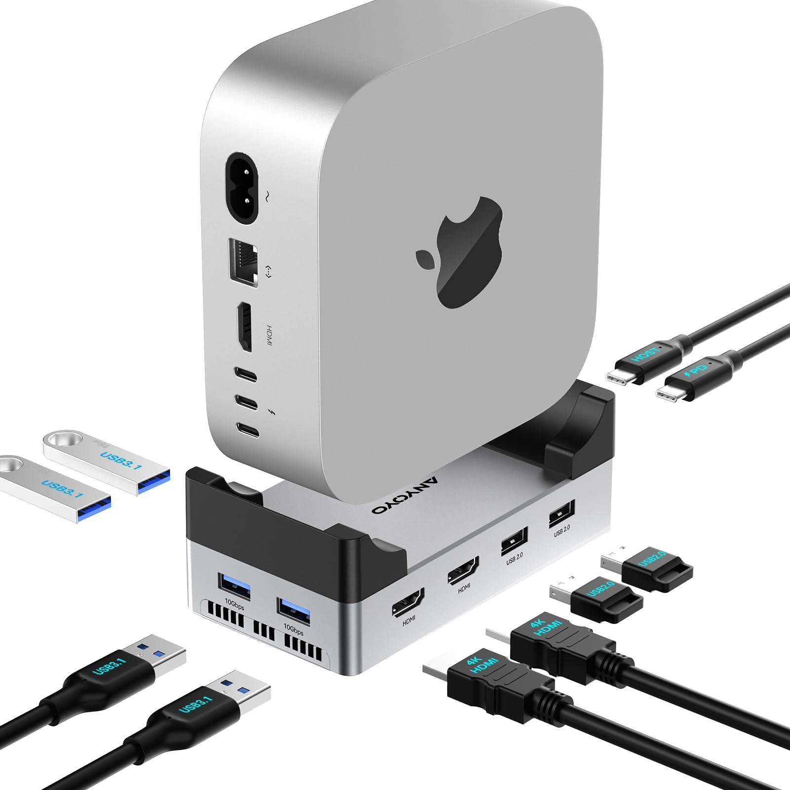 ANYOYO Mac mini M4 Dock, 40Gbps Docking Station Stand with 8TB 40Gbps, Silver