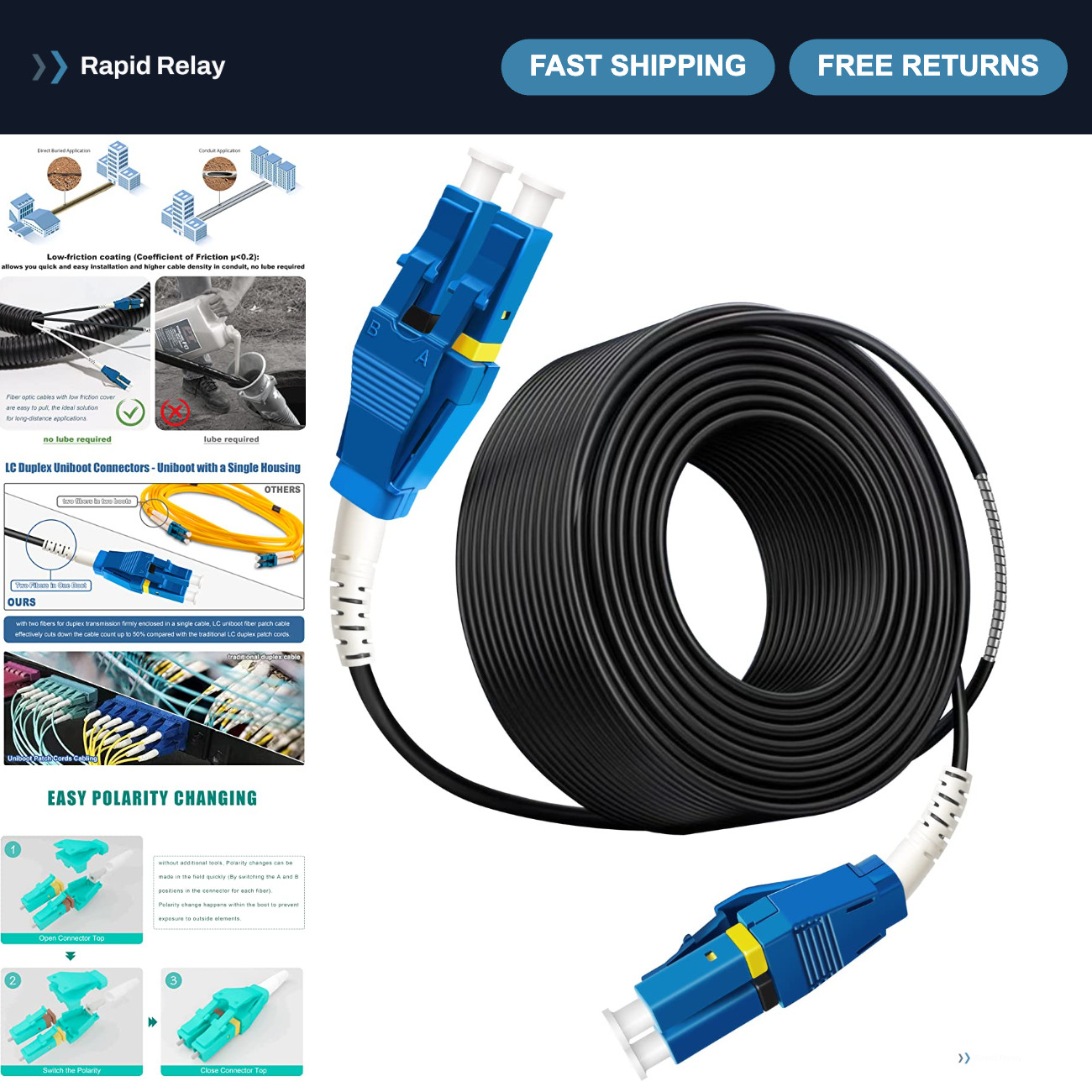 50ft Outdoor Armored Fiber Patch Cable LC to LC, Single Mode Duplex, 9/125um, LS