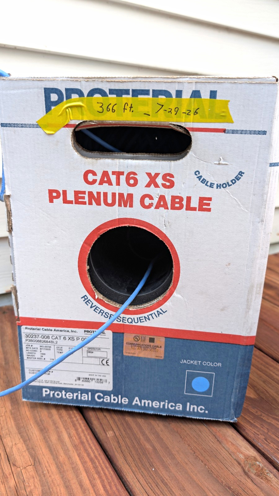 Proterial Cat 6 XS Plenum Bulk Ethernet Cable 366 ft Blue Raw End