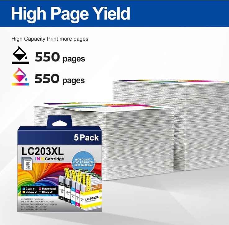 5pk LC-203 LC203 XL Ink Combo For MFC-J460dw MFC-J480dw MFC-J485dw LC201