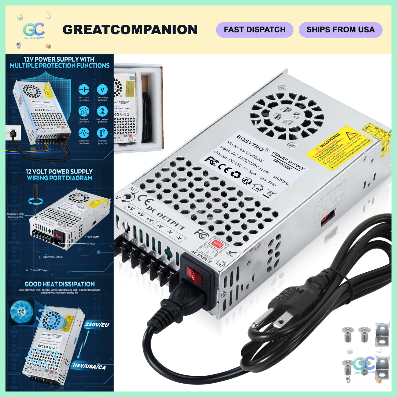 600W 12V DC Power Supply 50A AC to DC Converter for LED Strip, CCTV, 3D Printer