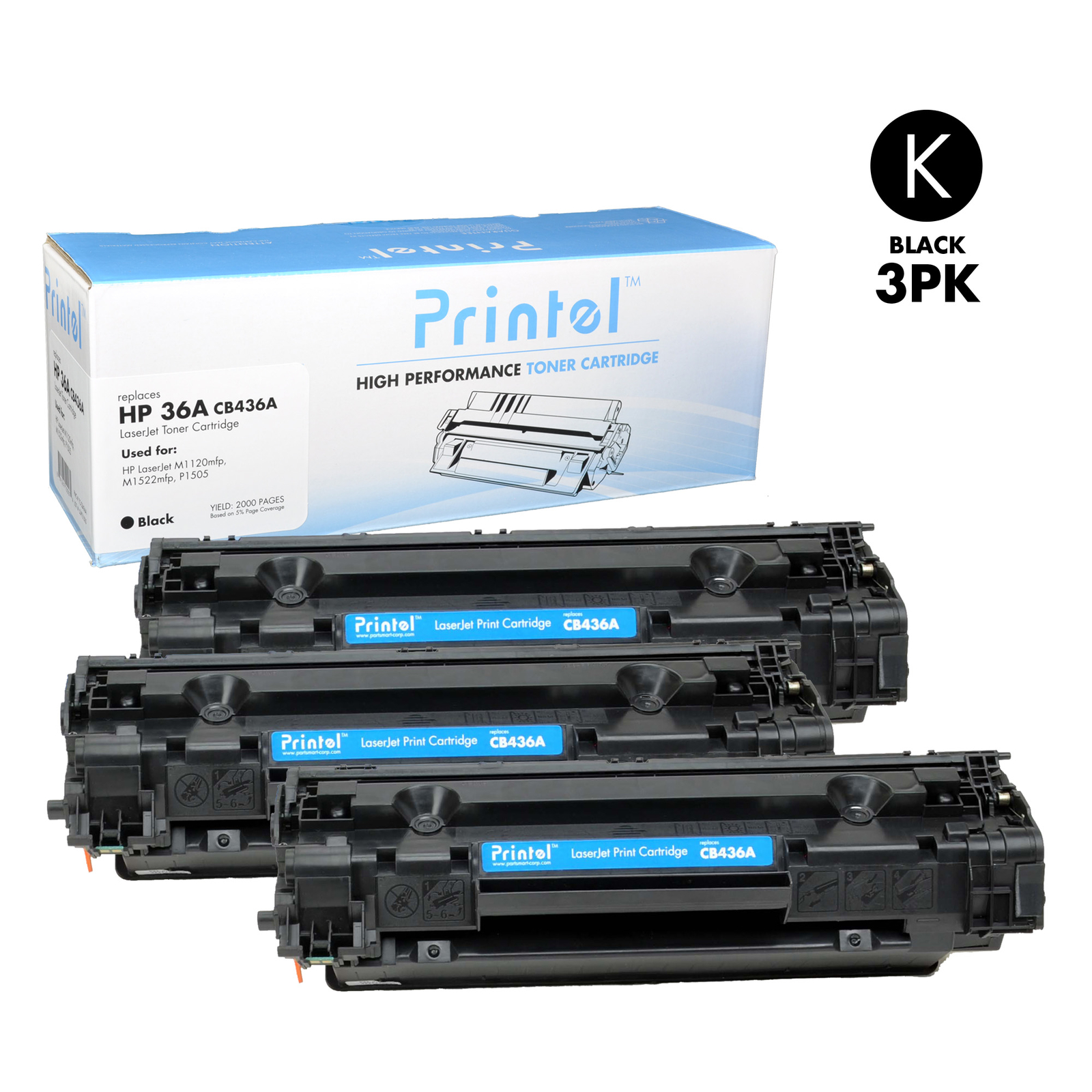 Printel Compatible Toner Cartridge Replacement for HP 36A (CB436A) Black 3 Pack