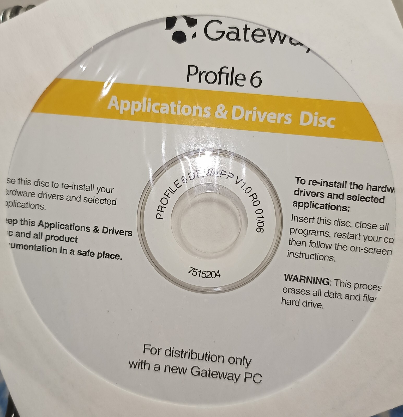 Software: Gateway Profile 6 Applications & Drivers Disc Software
