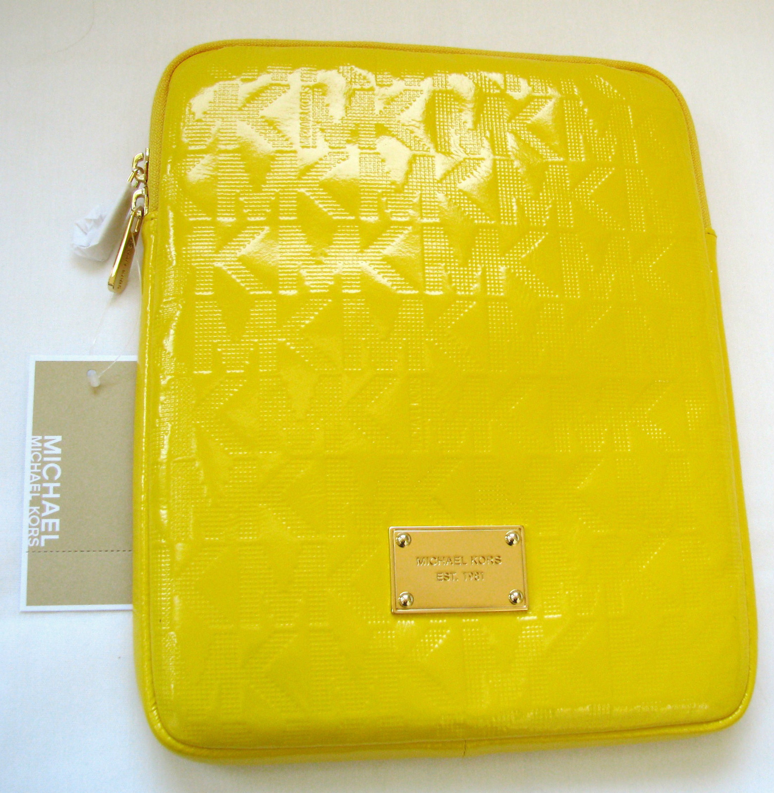 NEW-MICHAEL KORS ELECTRONICS CITRUS YELLOW MK LOGO LEATHER+GOLD IPAD CASE/COVER