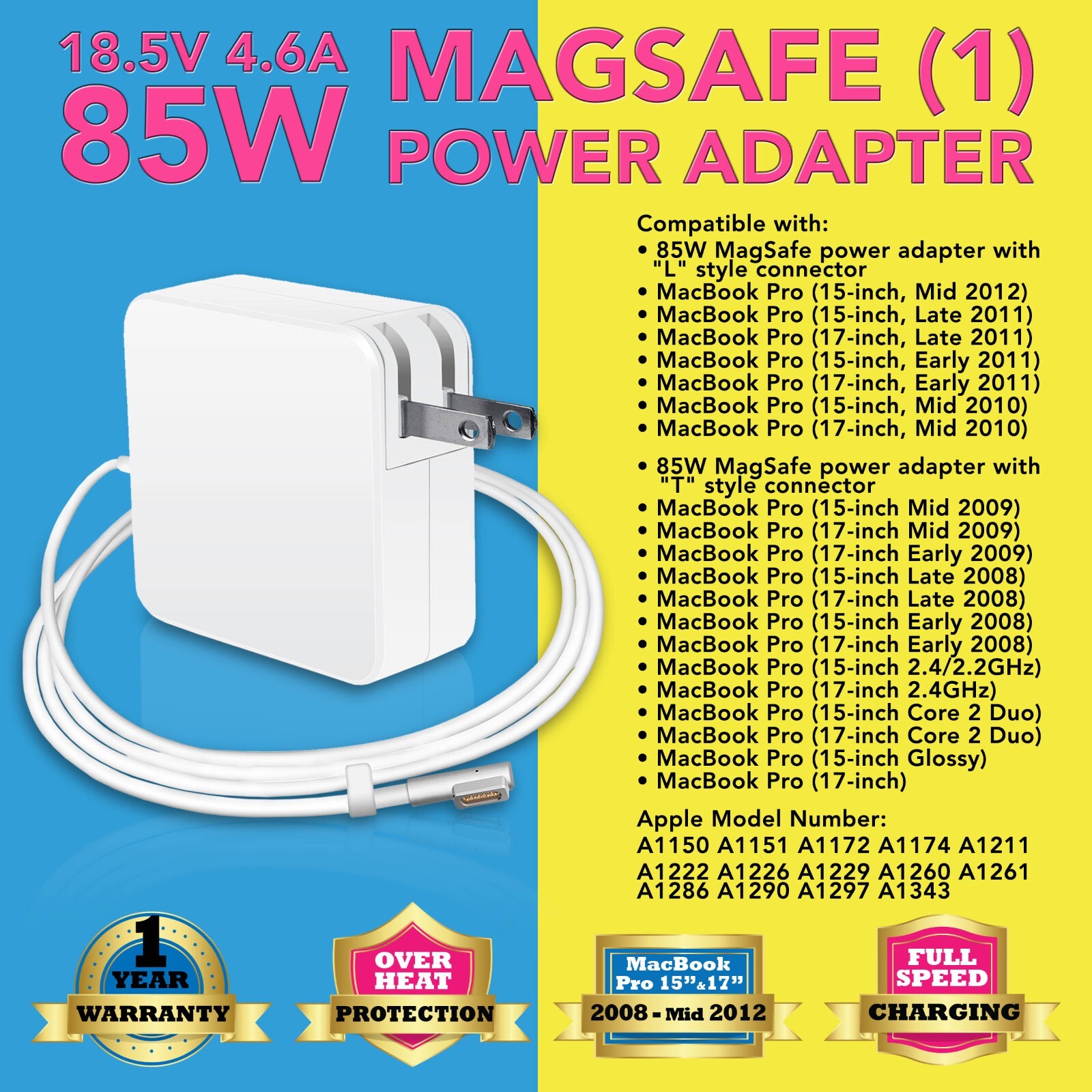 85W AC Power  Charger for Apple MacBook Pro 15" 17" A1172 A1226 A1297 A1286