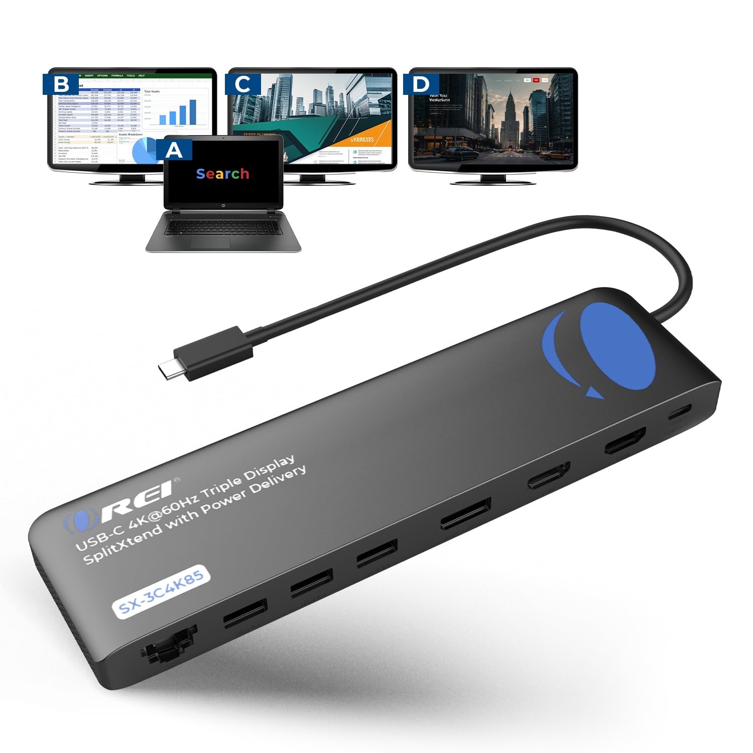 OREI USB C Docking Station Triple Monitor & SplitXtend Laptop Dock, 4K@60Hz