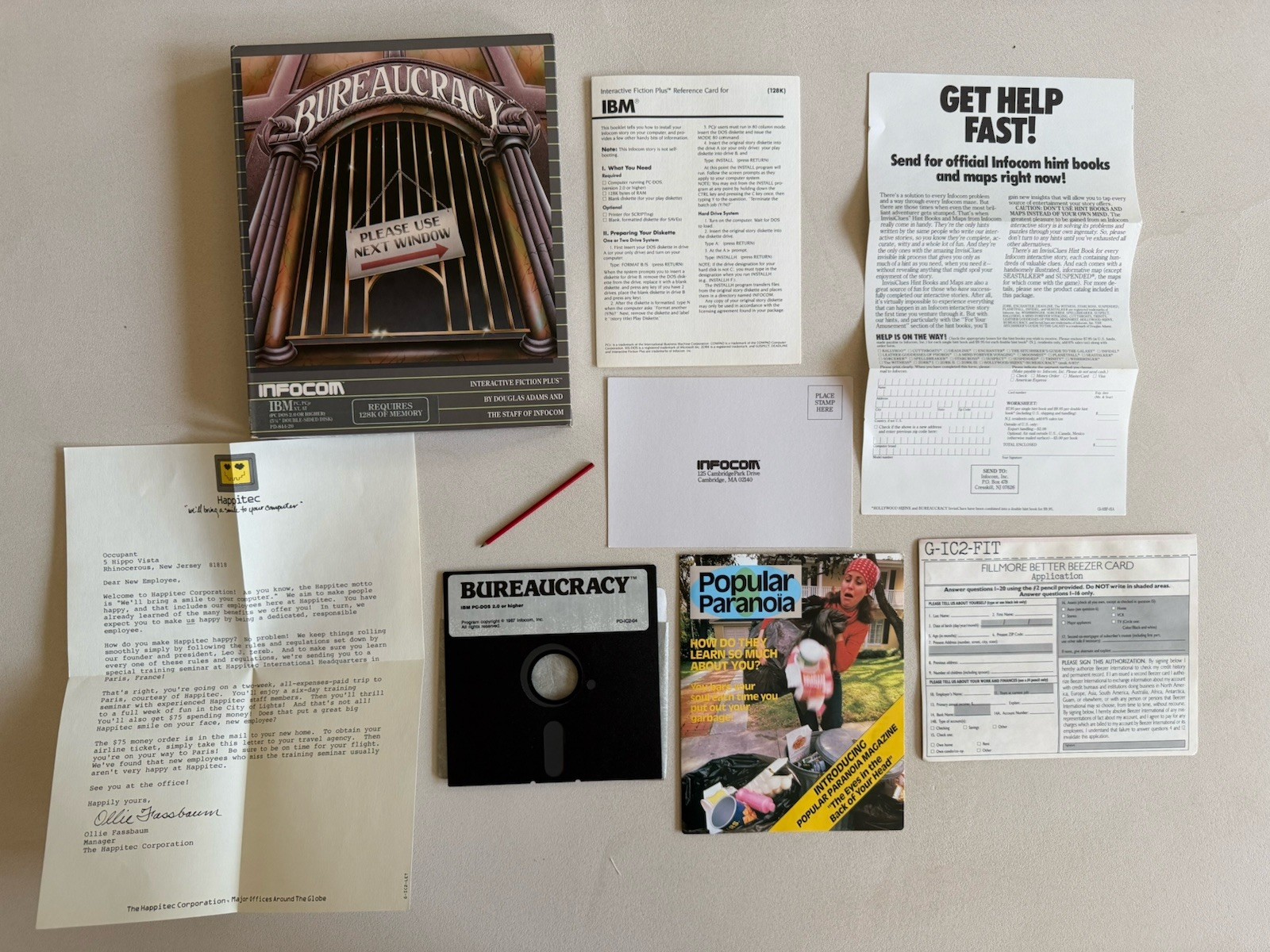 Infocom Bureaucracy 1987 IBM MS-DOS PC Game With Feelies & Pencil