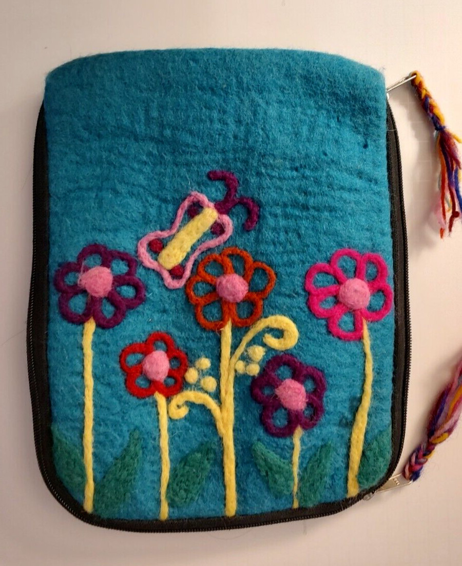 Felted Wool Embroidered IPAD or Tablet Bag Turquoise Daisies Boho 8.5 x 11.5
