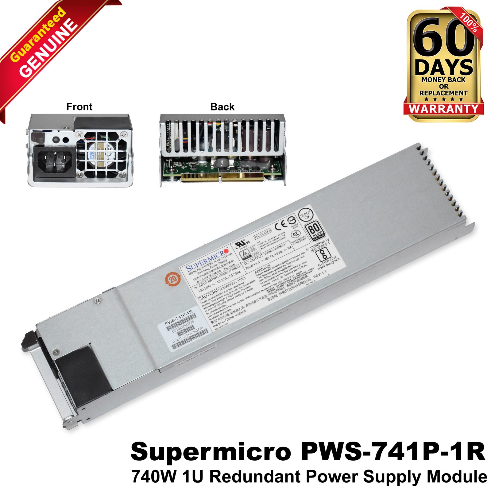 Supermicro 740W 80-Plus Platinum 1U Server Switching Power Supply PWS-741P-1R