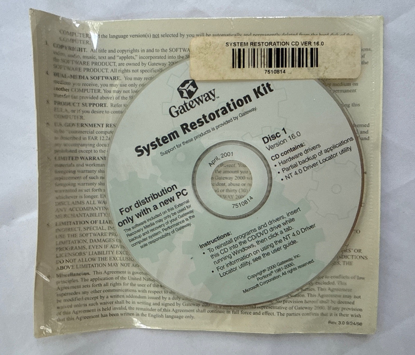 Gateway 2000 Computer System Restoration CD Version 13.2 BRAND NEW