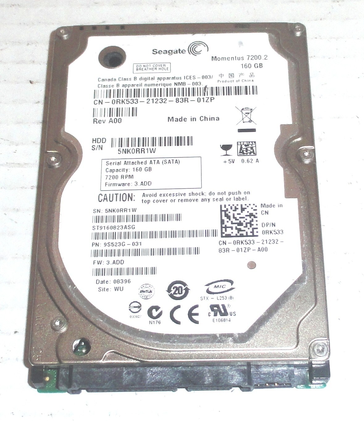Seagate ST9160823ASG 160GB Sata Hard Drive P/N: 9S523G-031 F/W: 3.ADD  5NK  WU