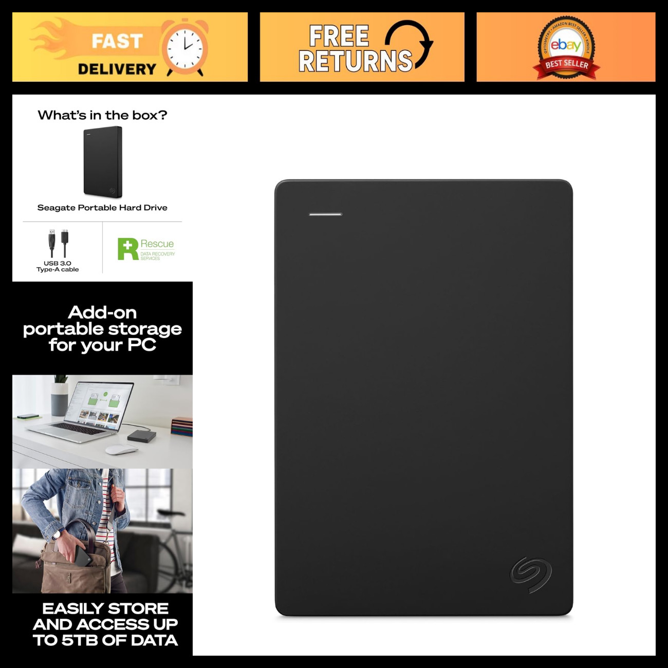 1TB Portable External Hard Drive - USB 3.0 for PC, Mac, PlayStation, Xbox - Back