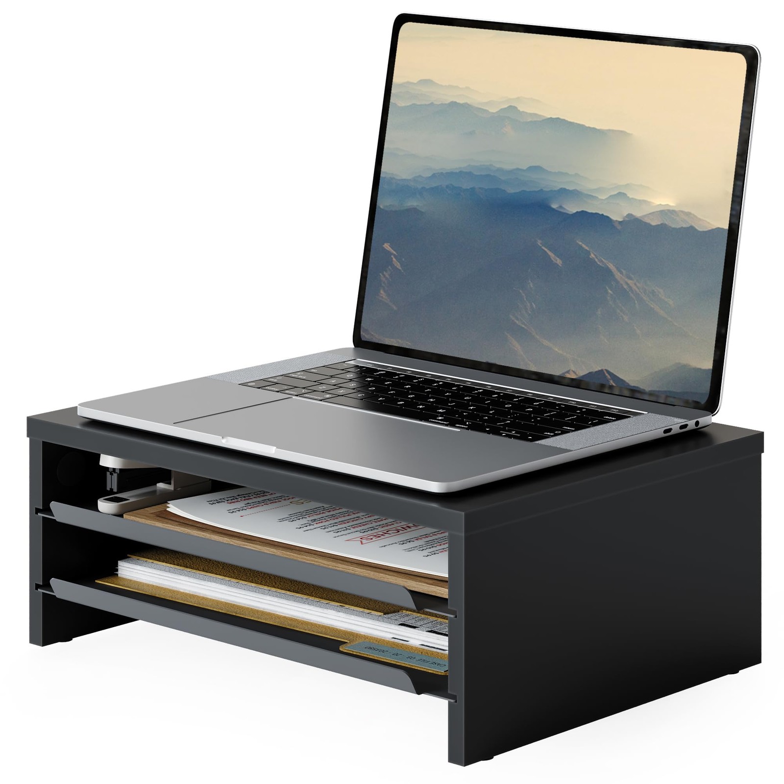 Fenge Monitor Stand, 3-Tier Riser with Slide-Out Tray, Wooden Black