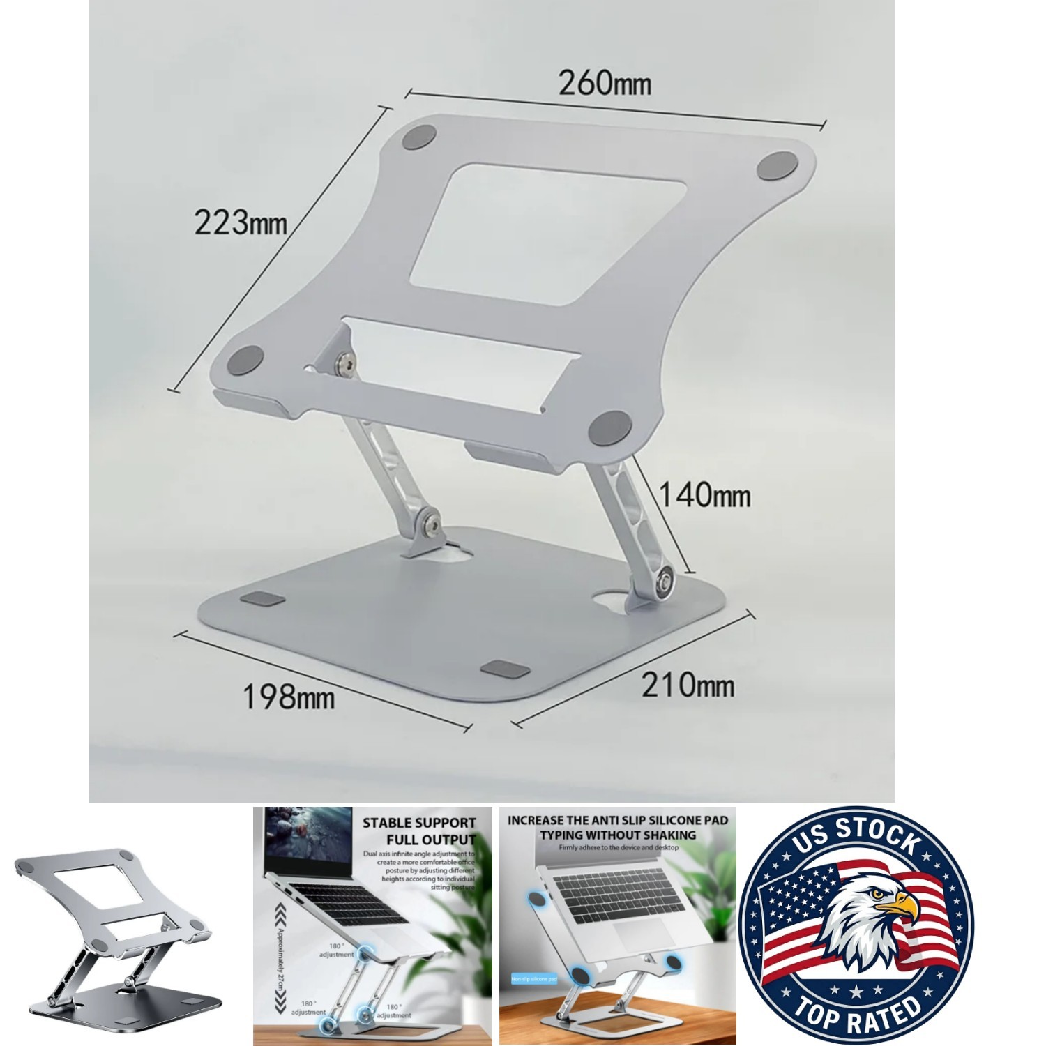 Laptop Stand Adjustable Carbon Steel Portable Foldable Up to 17 Inch - Silver