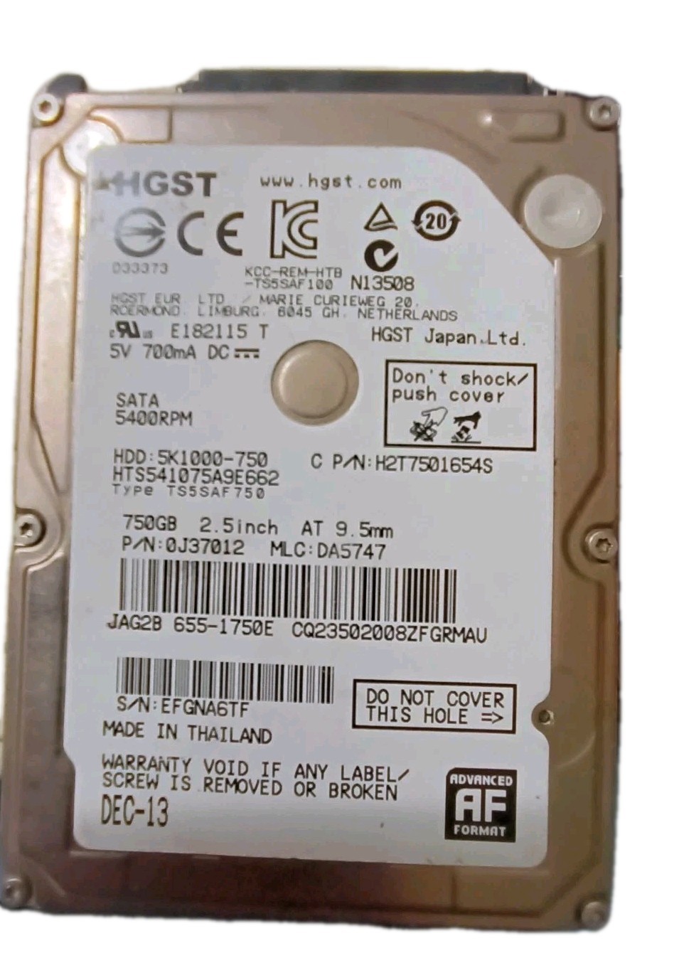 HGST HTS541075A9E662 750GB, Internal, 5400 RPM, 2.5" Hard Drive, Storage