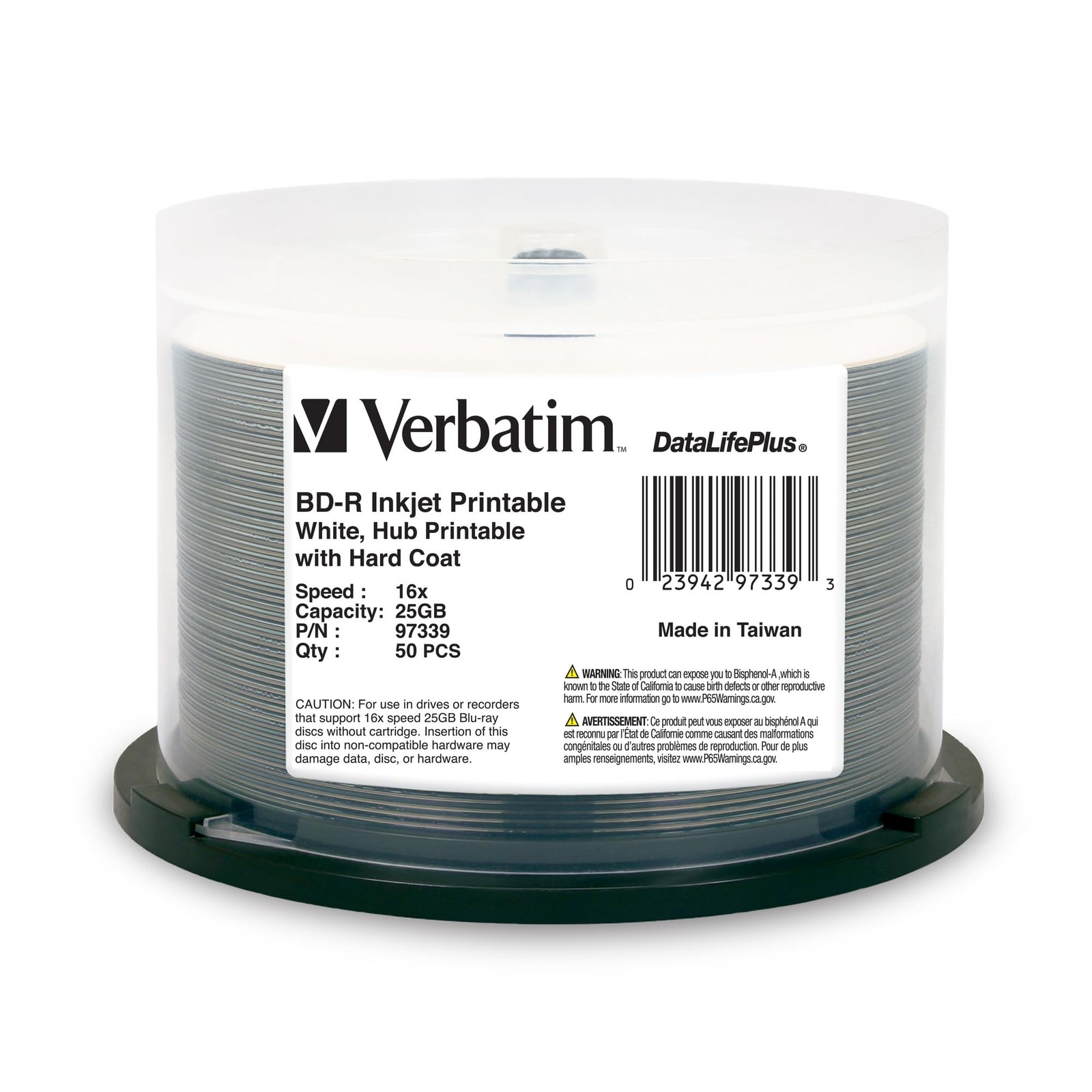 Verbatim BD-R 25GB 16X Blu-ray Recordable Media Disc DataLifePlus White Inkje...