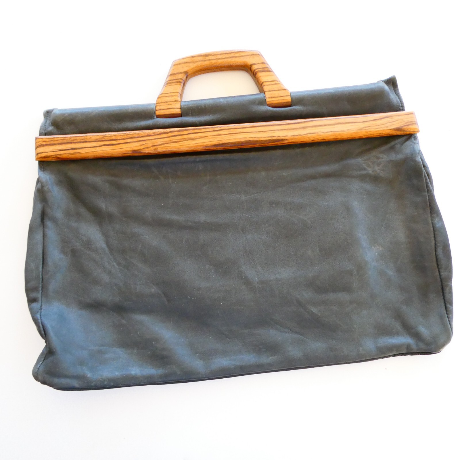 Genuine Leather Soft Sided Briefcase Bag 17x12 inch Navy Blue Wood Handle VTG