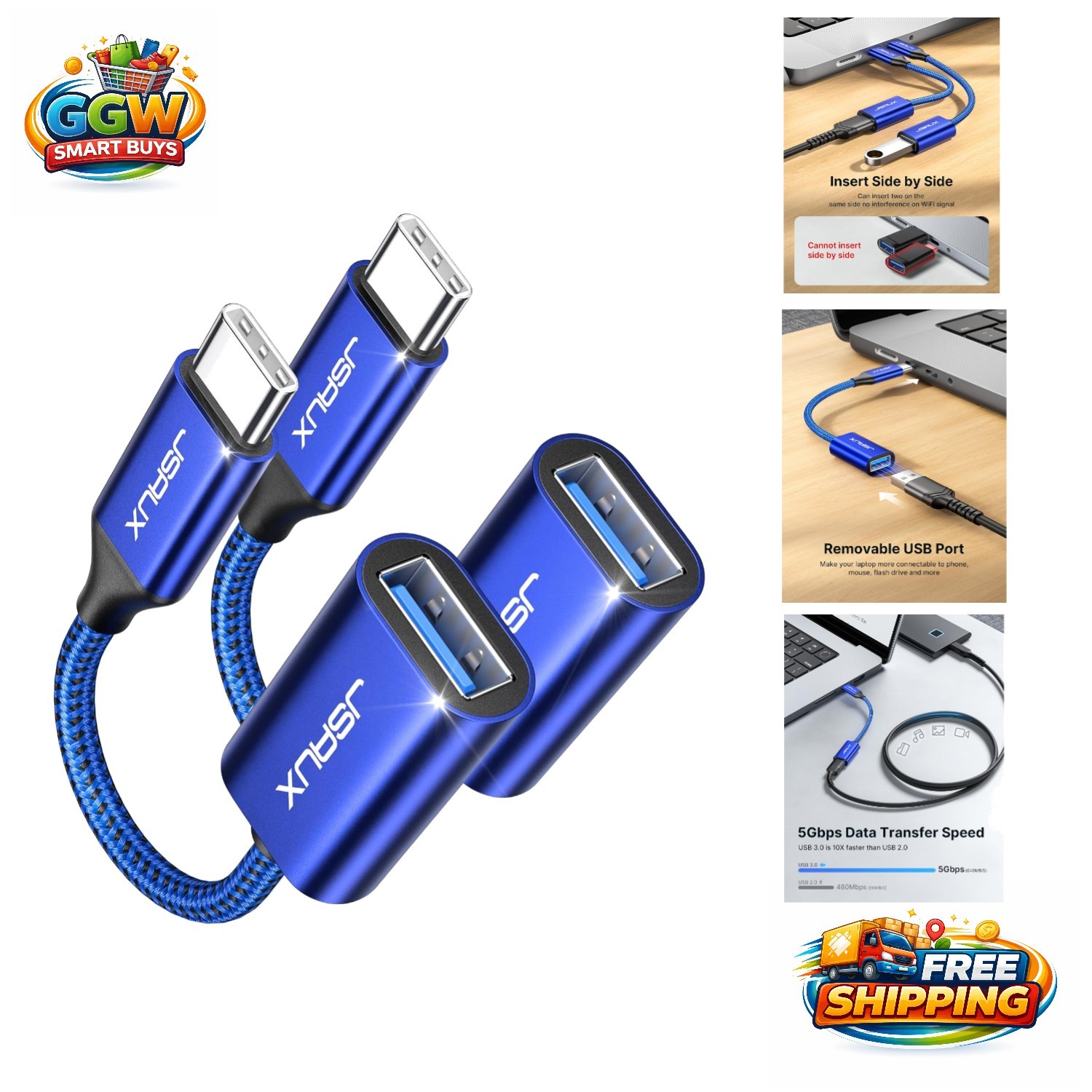 USB C to USB 3.0 Adapter Bundle - 5Gbps Speed Transfer - 2 Pack in Metallic Blue