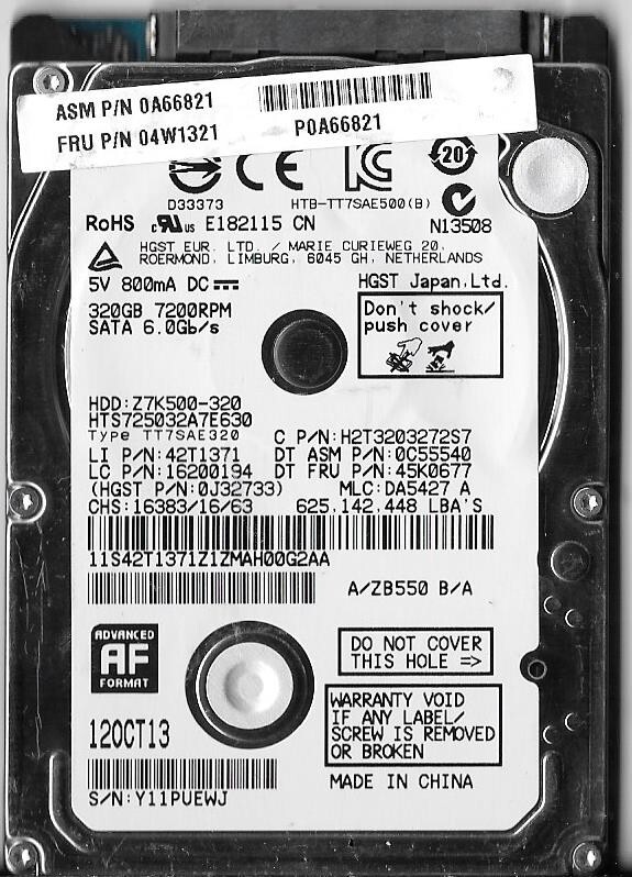 HGST HTS725032A7E630 320GB Sata Hard Drive P/N: 0J32733 MLC: DA5427