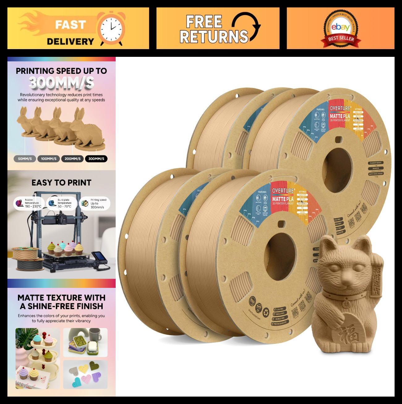 4KG Matte PLA 3D Printer Filament 1.75mm - Low Warping, 4 Pack for FDM Printers