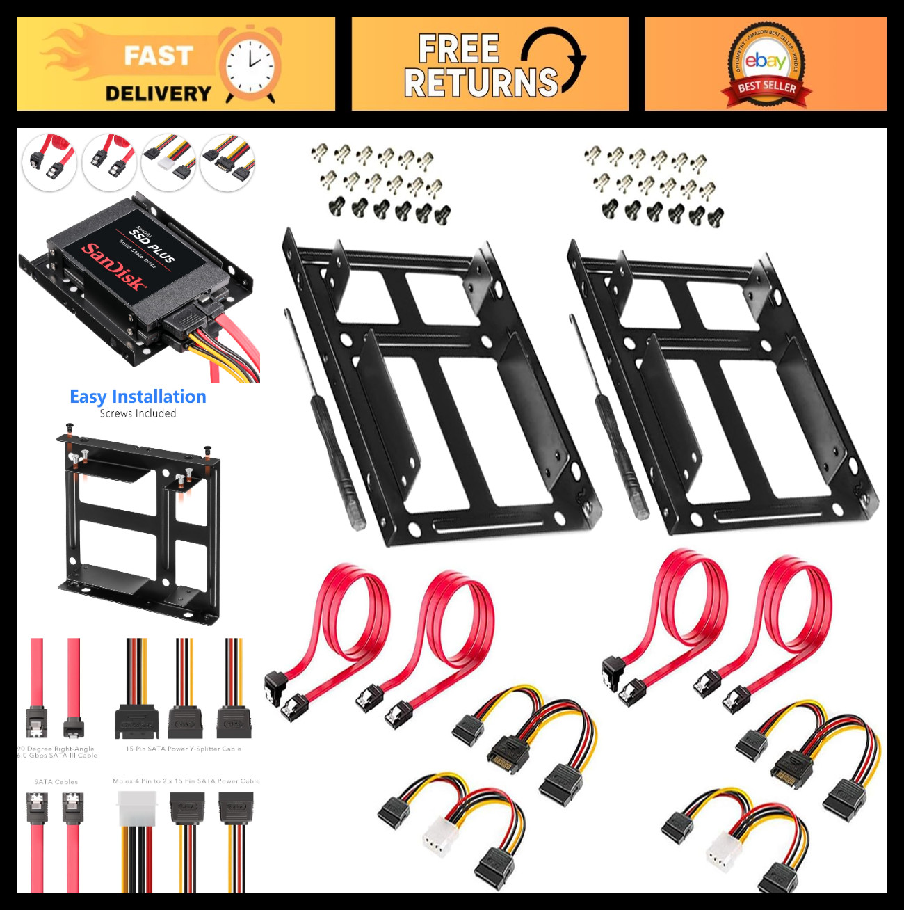 2 Pack SSD/HDD Metal Mounting Bracket Kit - Convert 2.5" to 3.5" Drive Bay