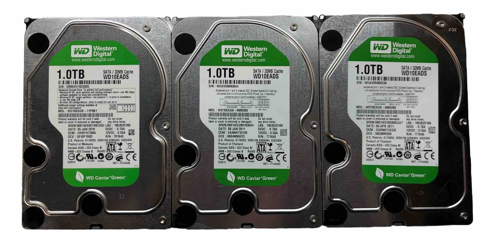 3x Western Digital Green 3.5" HDD | 3x 1TB @ 5.4K | 32MB SATA 3Gb/s | WD10EADS