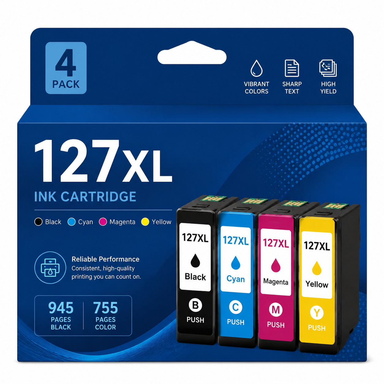 127XL 4-PK Ink Cartridges for Epson 127 Ink WF-545 6630 WF-3520 3540 7510