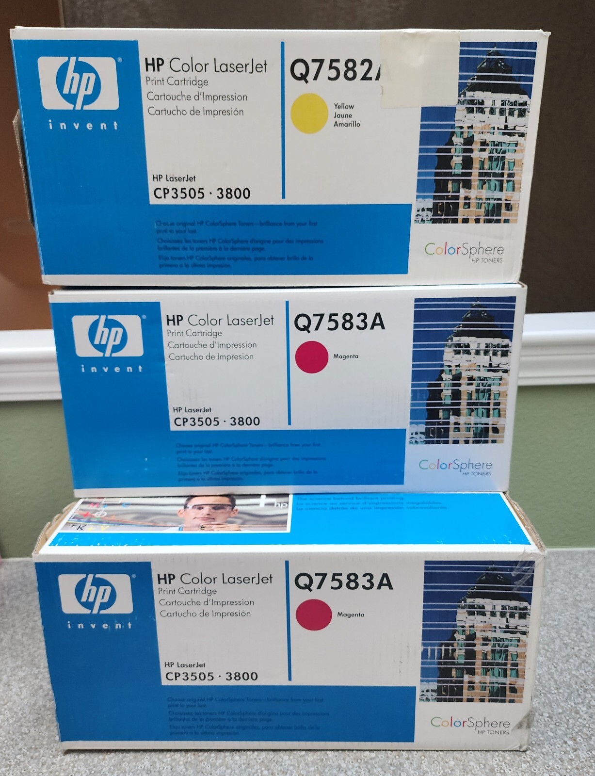 Lot of (7) New Genuine Sealed HP Q7582A Yellow, Q7583A Magenta Toner, 1 open box